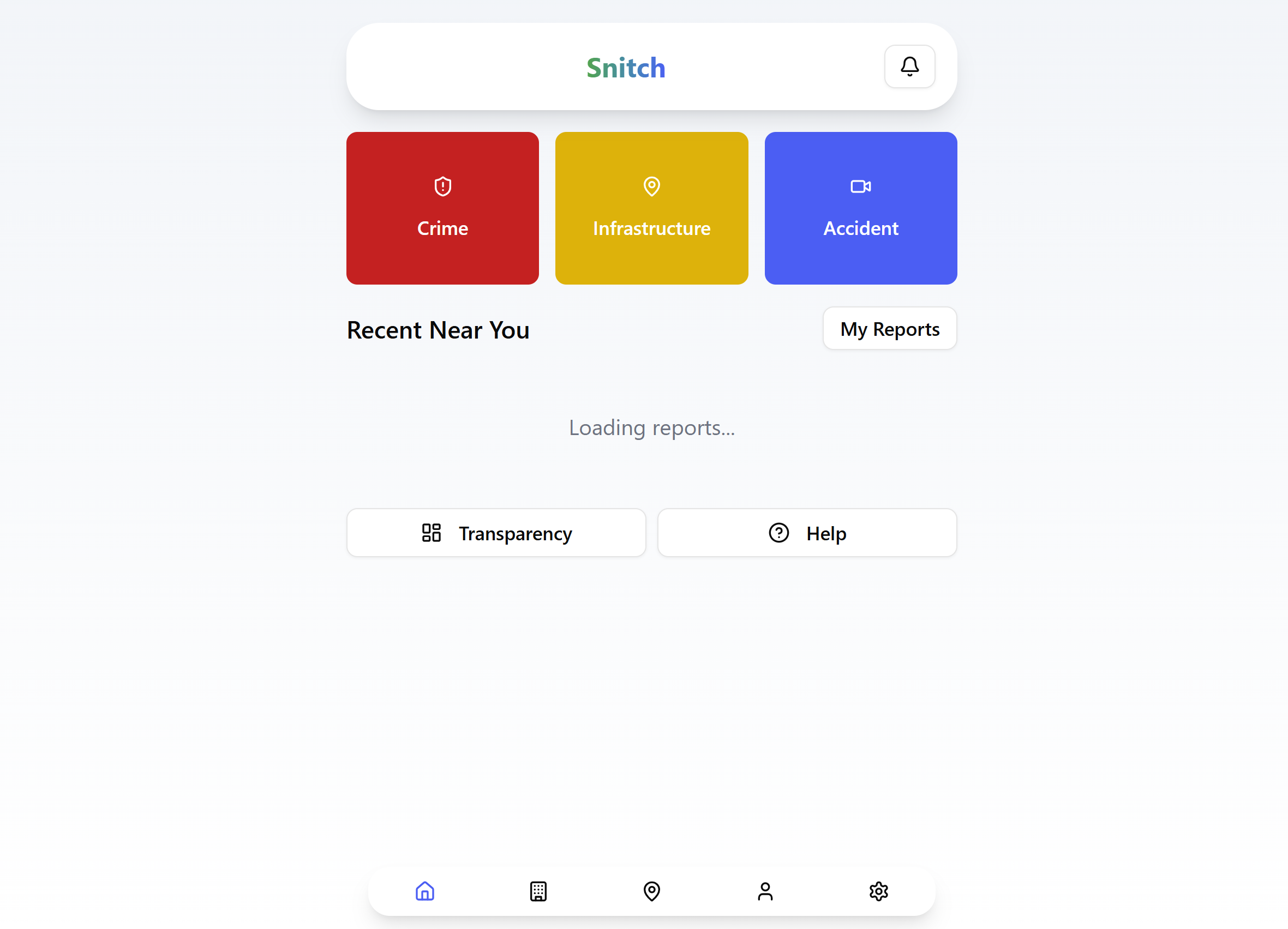 Snitch app showing the home screen with Crime, Infrastructure, and Accident categories